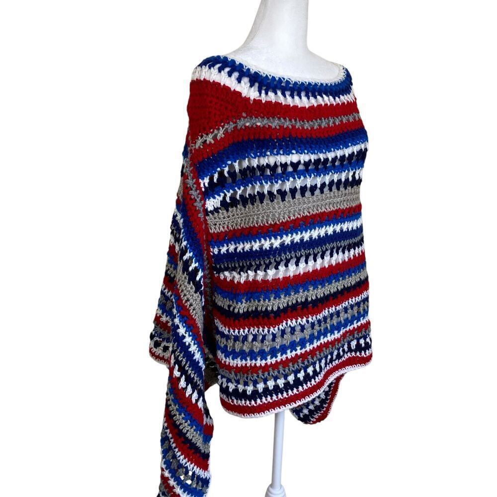 Handmade Boho Chunky Open Knit Crochet Poncho Patriotic Colors Textured OS - Picture 4 of 16